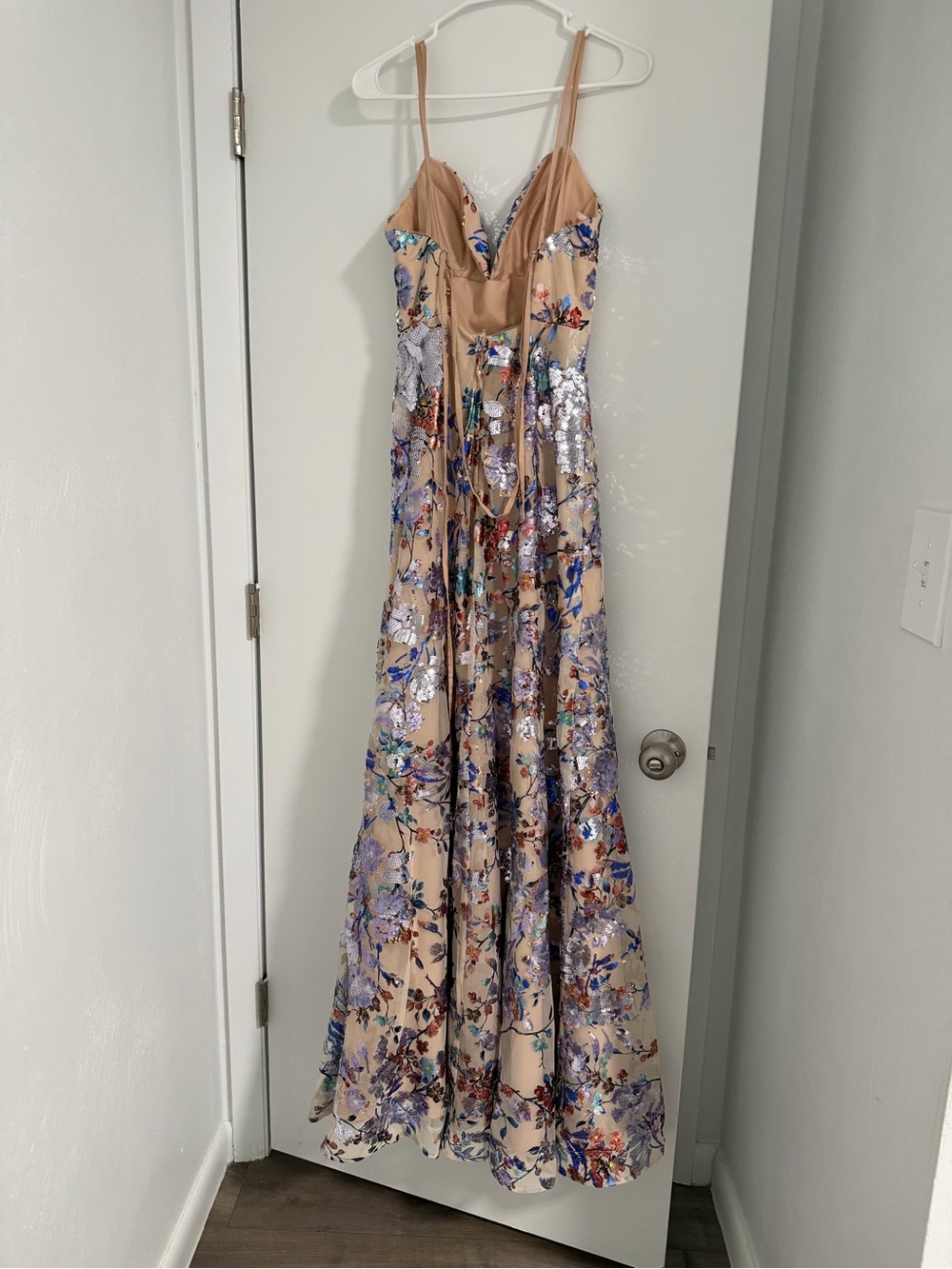 Beige Floral Sequin Spaghetti-Strap prom Dress - Picture 2 of 2
